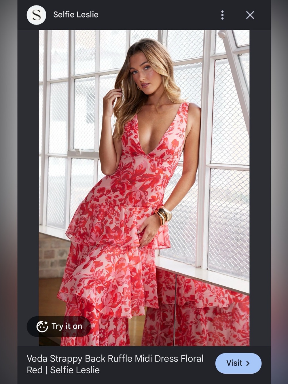 Selfie Leslie Coral-Red Floral Veda Ruffle Midi Dress